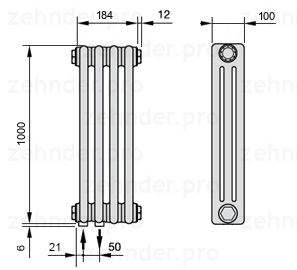 Схема (чертеж) Радиатор Zehnder Charleston 3100/4 №3370 Белый глянцевый RAL 9016